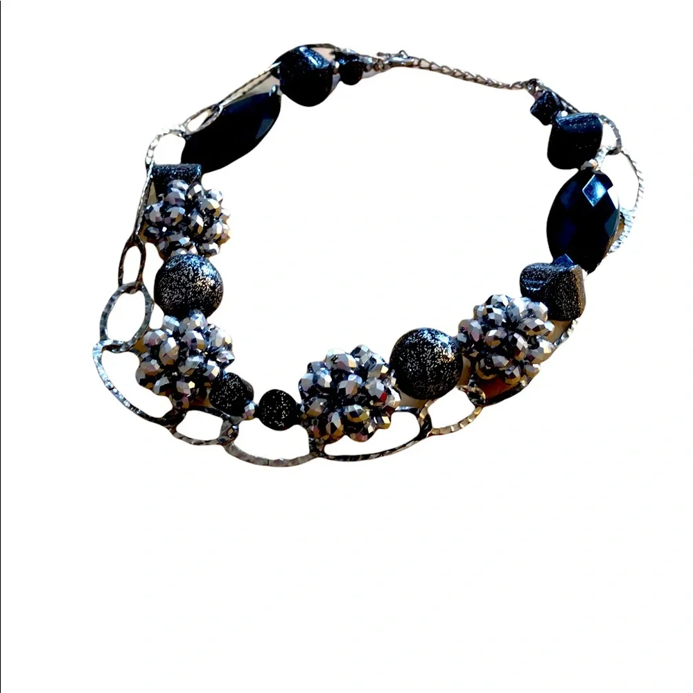 Glam Goth Disco Silver Black Chunky‎ Glitter Beaded Double Chain Necklace